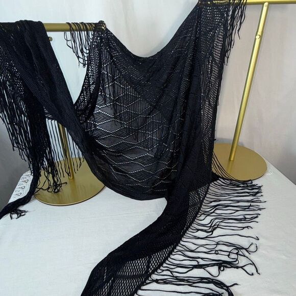 Black Fringe Knit Shawl Wrap | Boho Triangle Scarf | 82x35 + 7” Fringe - Picture 1 of 12